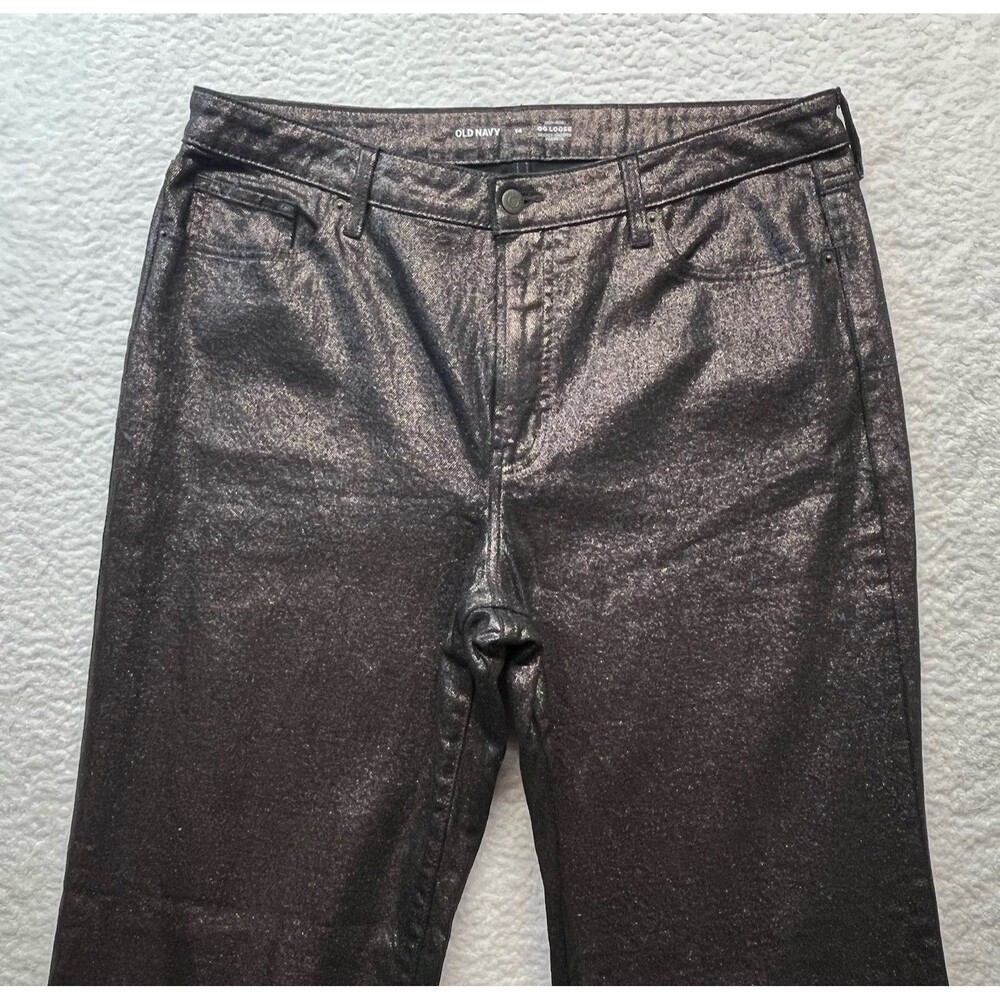 Old Navy Jeans Womens 14 Metallic Black Shine OG Loose High Rise Straight Glam